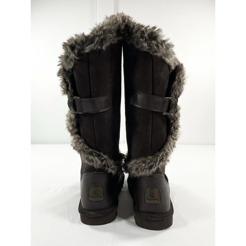 New BEARPAW Sheilah Women's 10 Suede Tall Boots Faux Fur Trim‎ Hickory Winter
